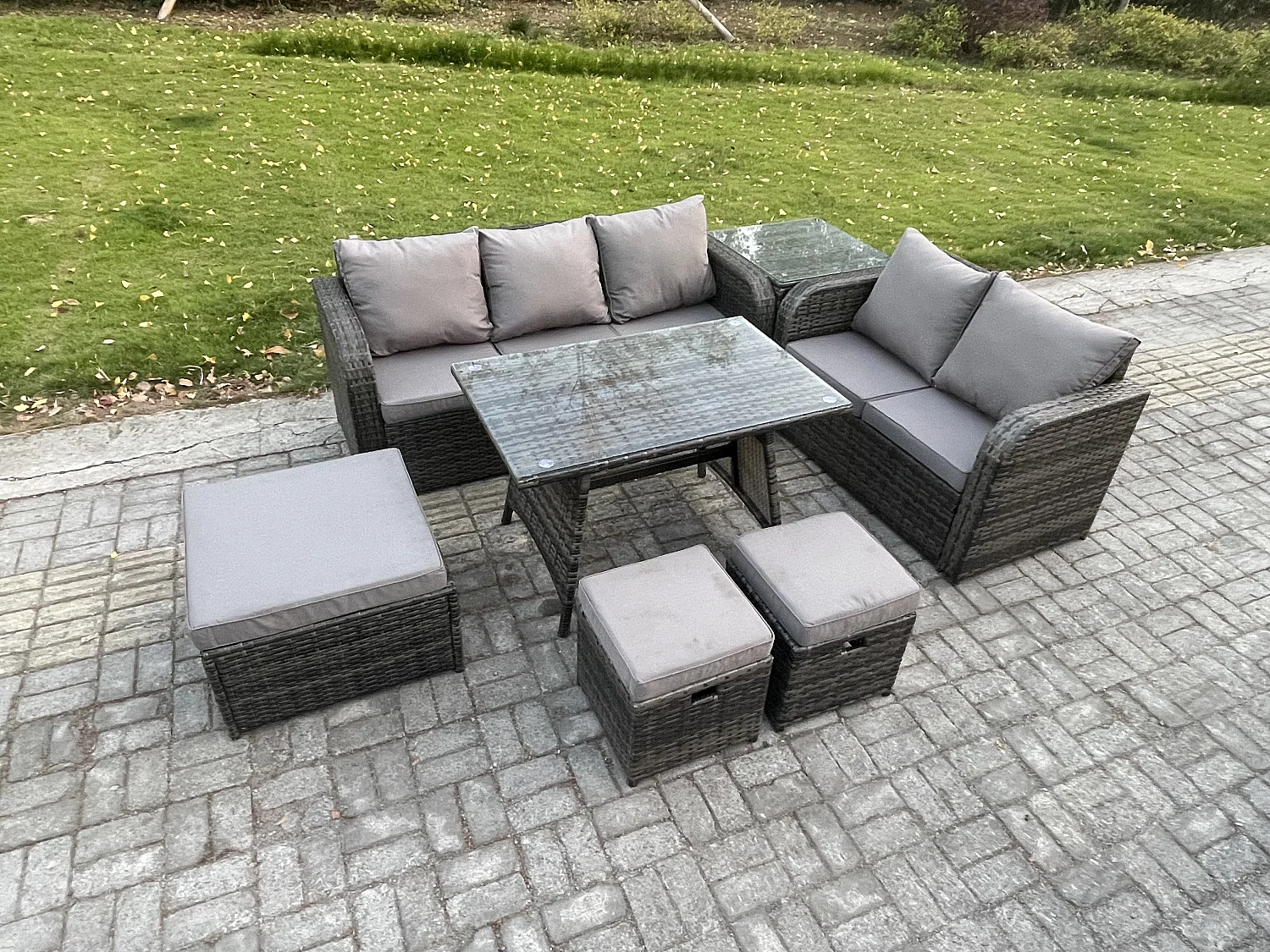 Rattan Gartenmöbel Set 8-Sitzer Rechteckiger Tisch 3 Hockern Love Sofa Beistelltisch Dunkelgrau Gemischt