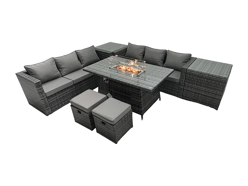 Ensemble de meubles de jardin en rotin ave Table de foyer à gaz 8 places Ensemble de canapés avec 2 Petits tabourets