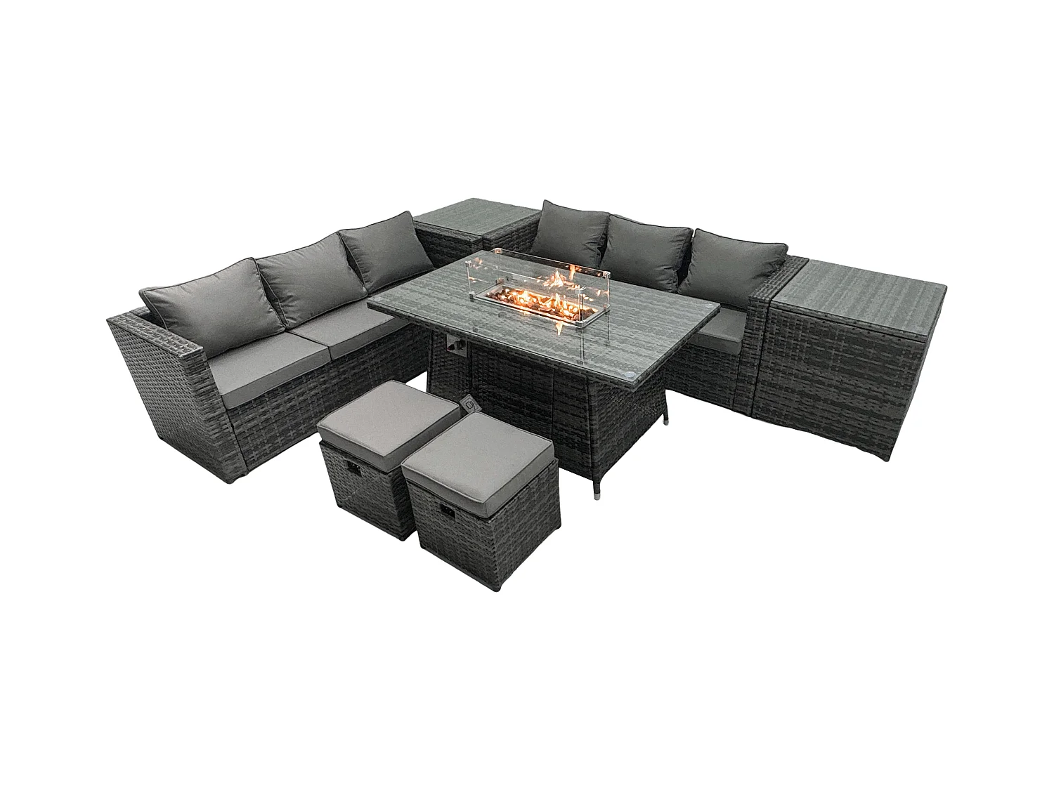 Ensemble de meubles de jardin en rotin ave Table de foyer à gaz 8 places Ensemble de canapés avec 2 Petits tabourets