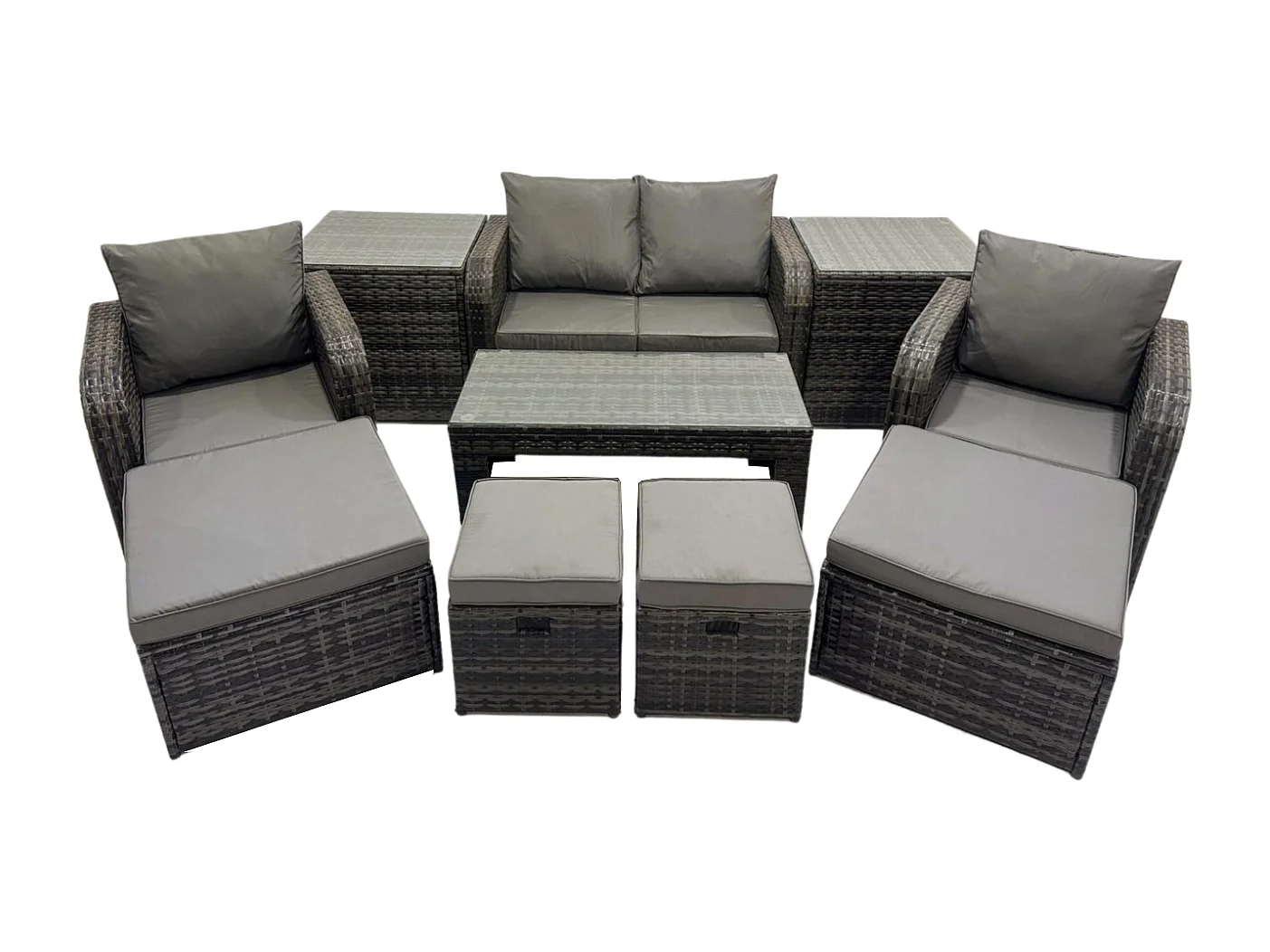 Rattan Lounge Sofa Set Gartenmöbel-Set mit Rechteckiger Couchtisch Love Sofa 2 Beistelltischen 3 Hockern Dunkelgrau Gemischt