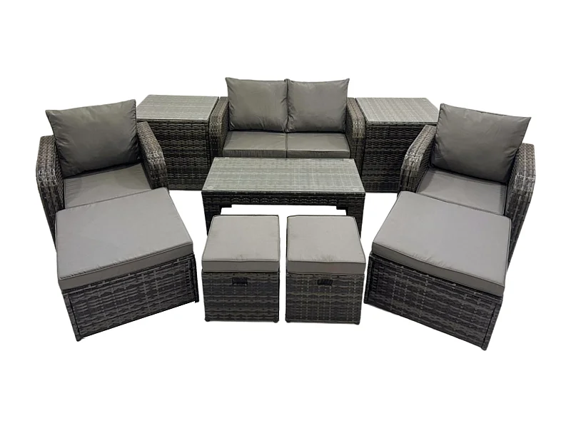 Rattan Lounge Sofa Set Gartenmöbel-Set mit Rechteckiger Couchtisch Love Sofa 2 Beistelltischen 3 Hockern Dunkelgrau Gemischt