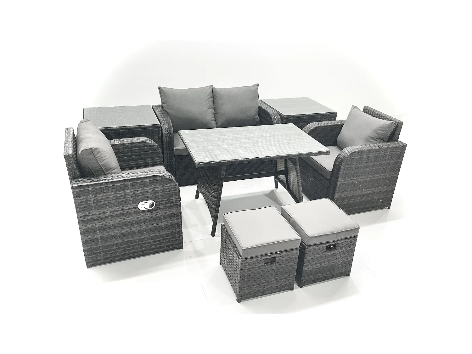 Gartenmöbel-Set Rattan Sofa Esstisch Set mit Liegestühle 2 kleinen Hockern 2 Beistelltisch Dunkelgrau Gemischt