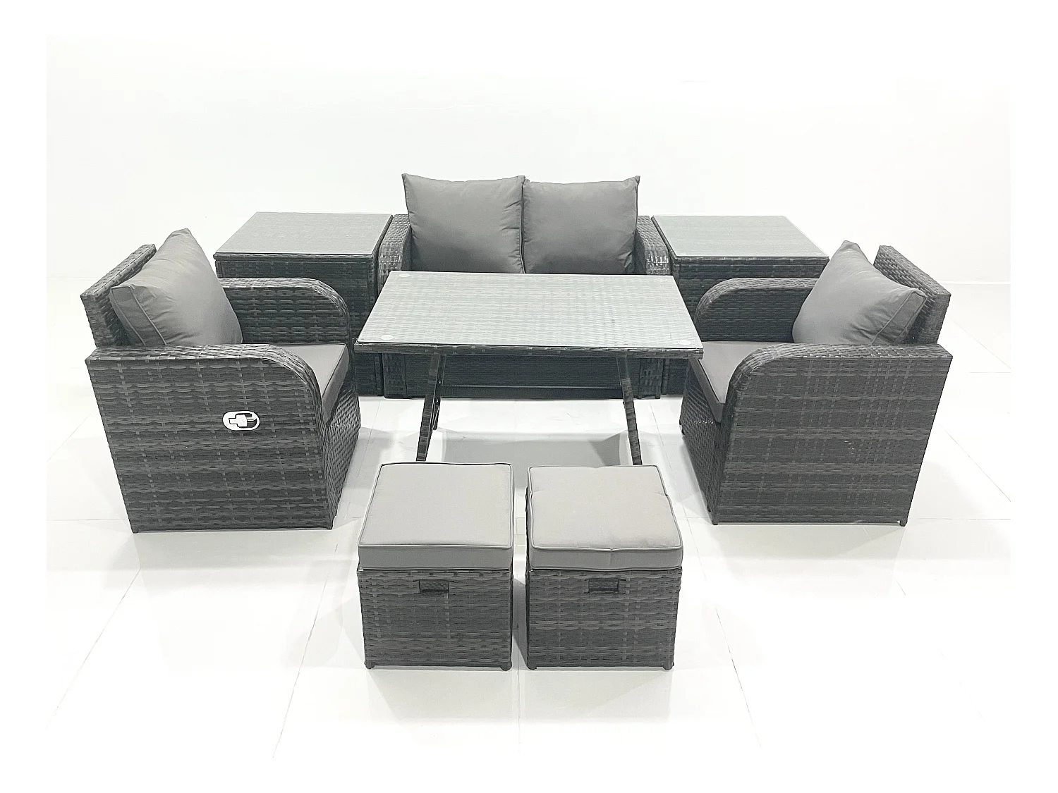 Gartenmöbel-Set Rattan Sofa Esstisch Set mit Liegestühle 2 kleinen Hockern 2 Beistelltisch Dunkelgrau Gemischt
