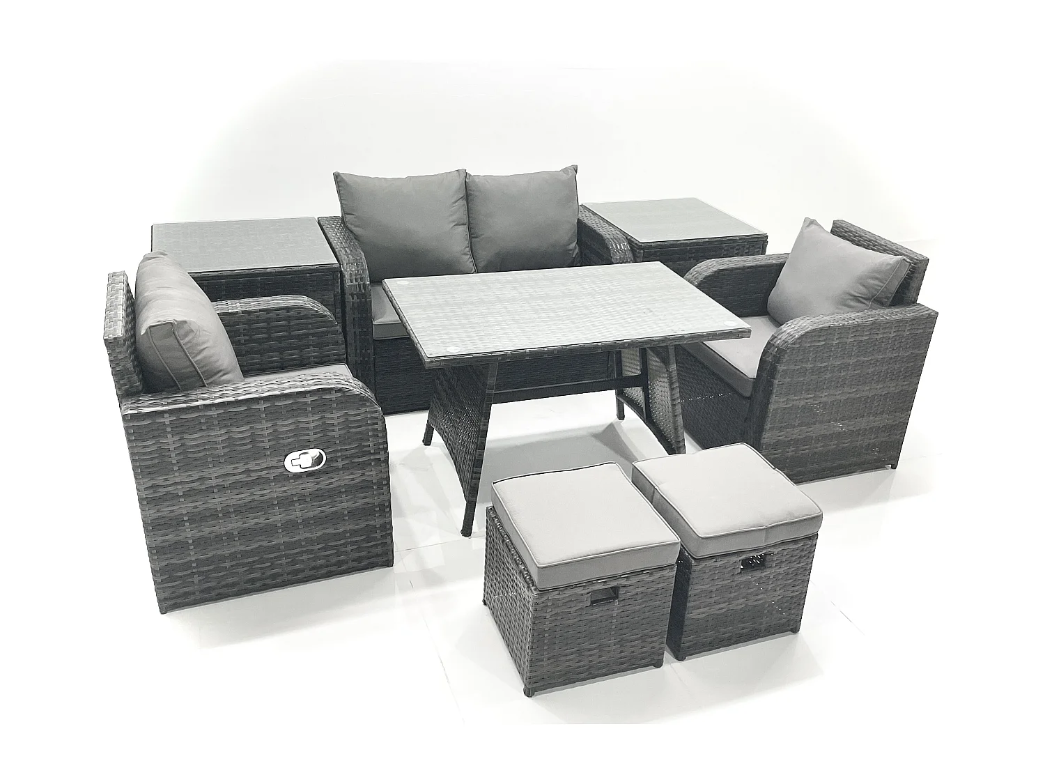 Gartenmöbel-Set Rattan Sofa Esstisch Set mit Liegestühle 2 kleinen Hockern 2 Beistelltisch Dunkelgrau Gemischt