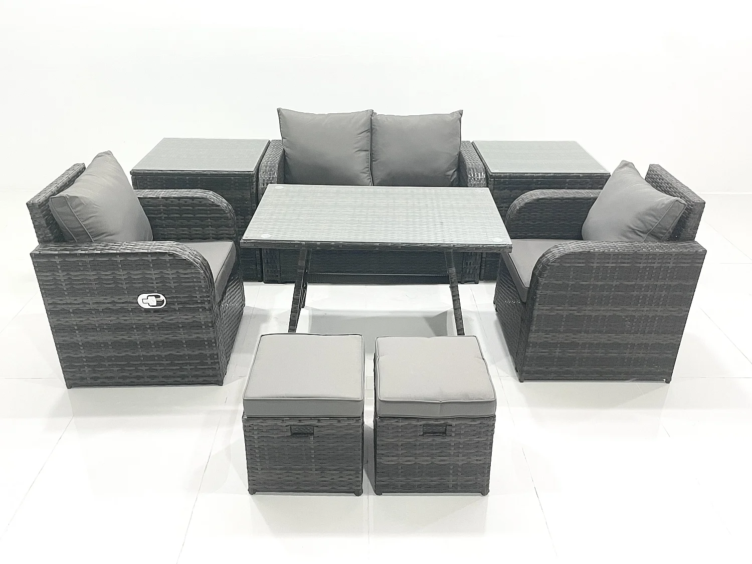 Gartenmöbel-Set Rattan Sofa Esstisch Set mit Liegestühle 2 kleinen Hockern 2 Beistelltisch Dunkelgrau Gemischt