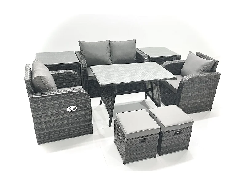Gartenmöbel-Set Rattan Sofa Esstisch Set mit Liegestühle 2 kleinen Hockern 2 Beistelltisch Dunkelgrau Gemischt
