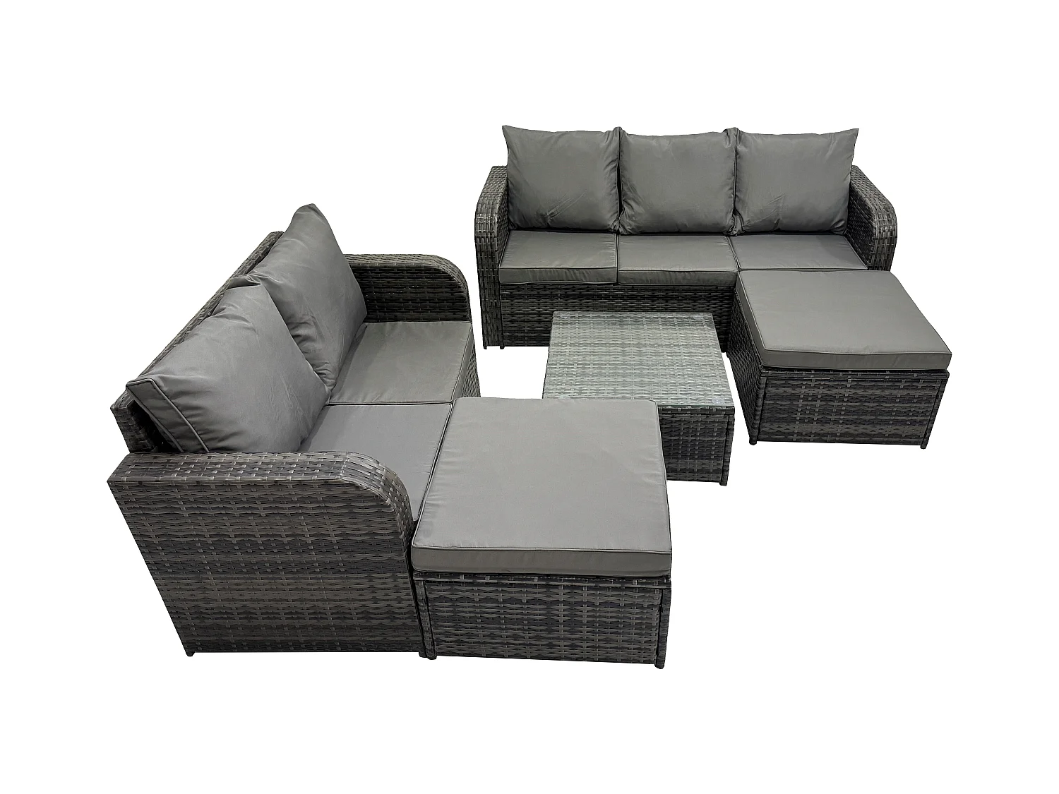 Salon de jardin 7 places Ensemble de canapés en rotin Table basse carrée 2 Grand tabourets