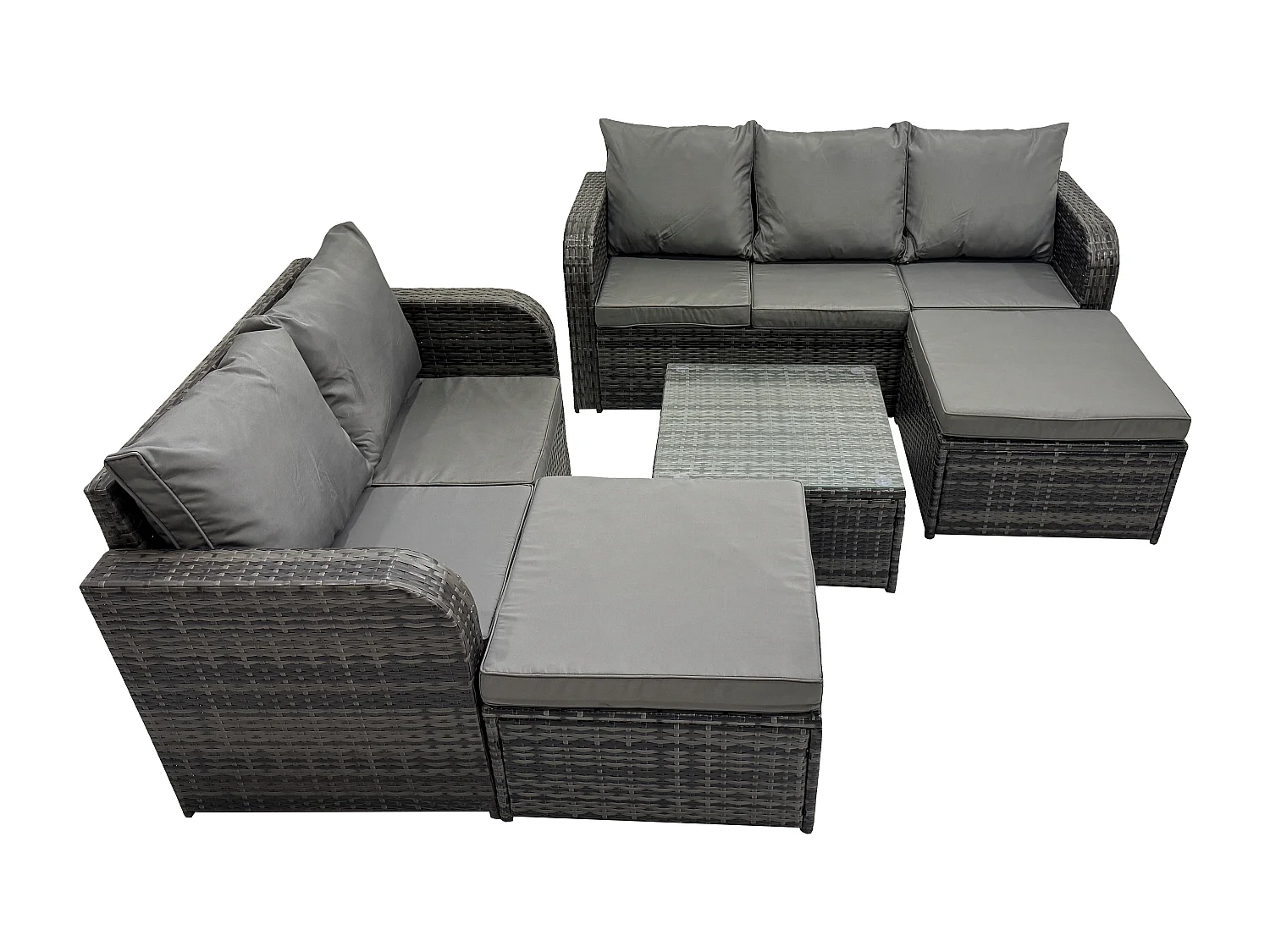 Polyrattan Gartenmöbel Sets 7-Sitzer Garten Sofa im Freien Set Quadratischer Couchtisch 2 hohen Hockern