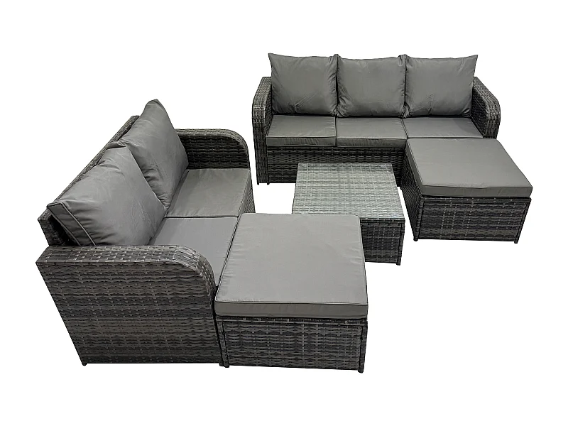 Polyrattan Gartenmöbel Sets 7-Sitzer Garten Sofa im Freien Set Quadratischer Couchtisch 2 hohen Hockern