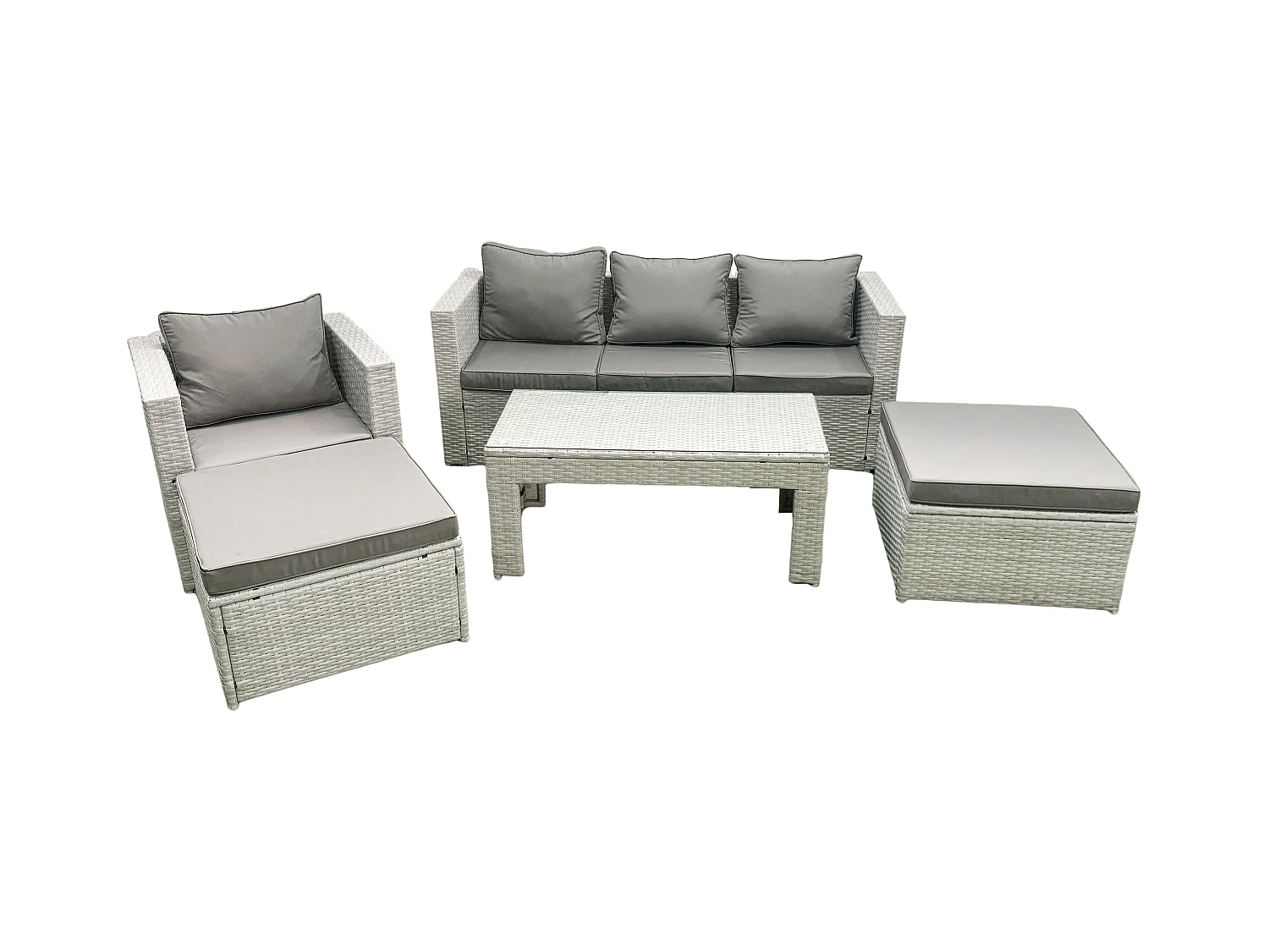 Salon de Jardin Ensemble avec Coussins gris 6 places avec 2 Grand tabourets et Table basse