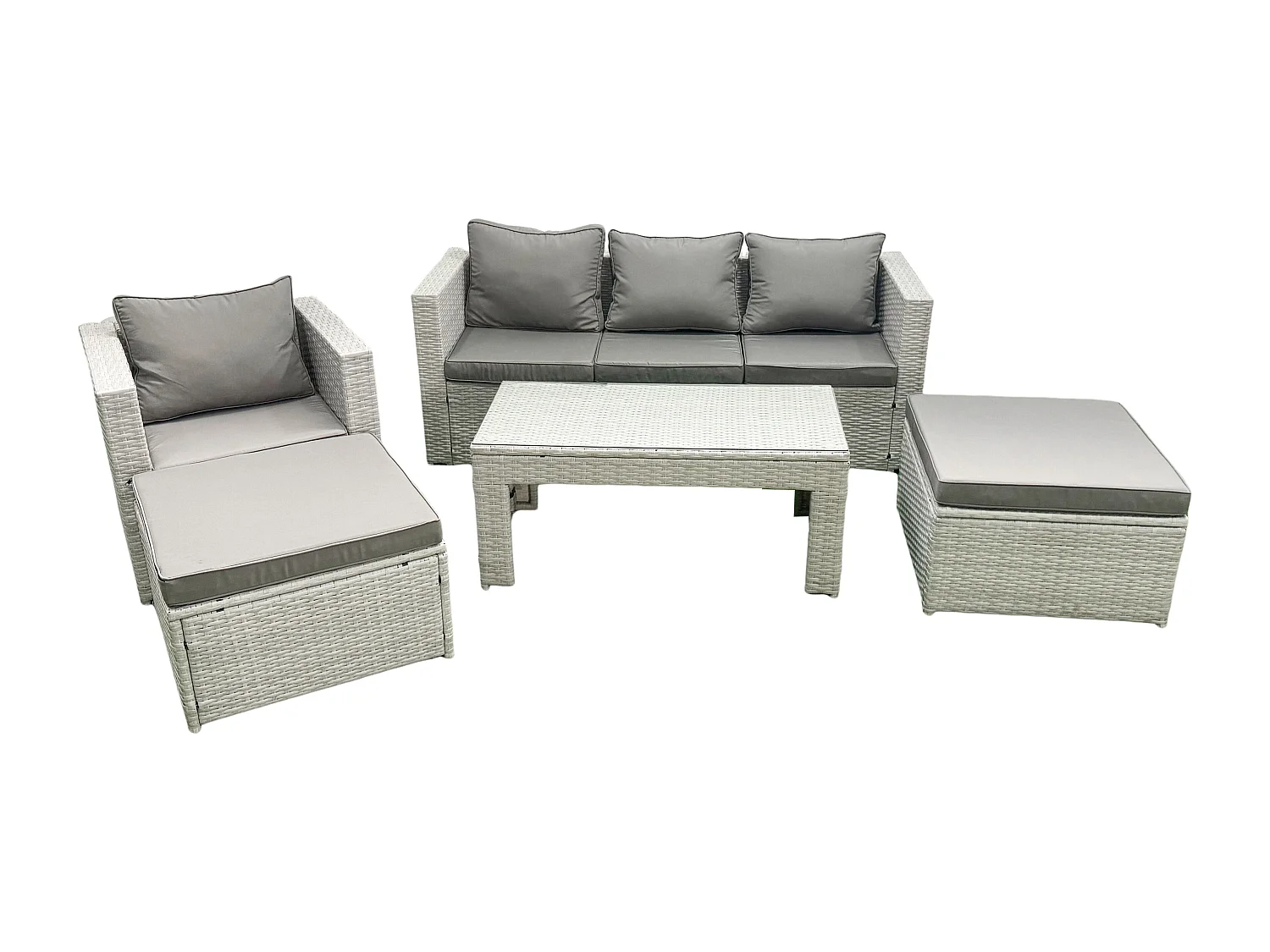 Polyrattan Gartenmöbelset mit Graue Kissen 6-Sitzer mit 2 hohen Hockern und Couchtisch