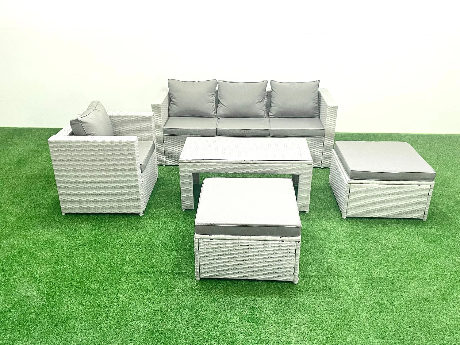 Polyrattan Gartenmöbelset mit Graue Kissen 6-Sitzer mit 2 hohen Hockern und Couchtisch