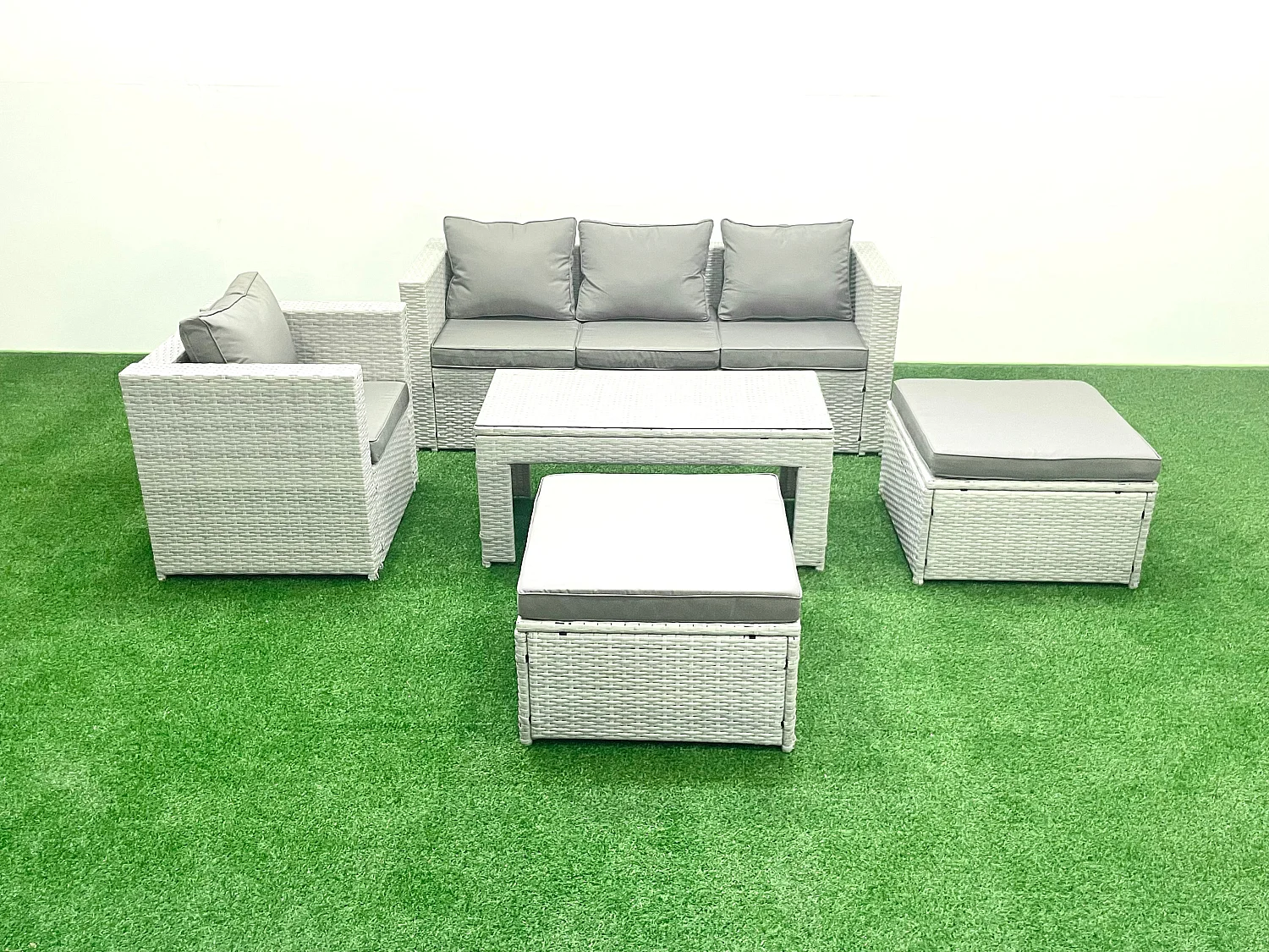 Polyrattan Gartenmöbelset mit Graue Kissen 6-Sitzer mit 2 hohen Hockern und Couchtisch