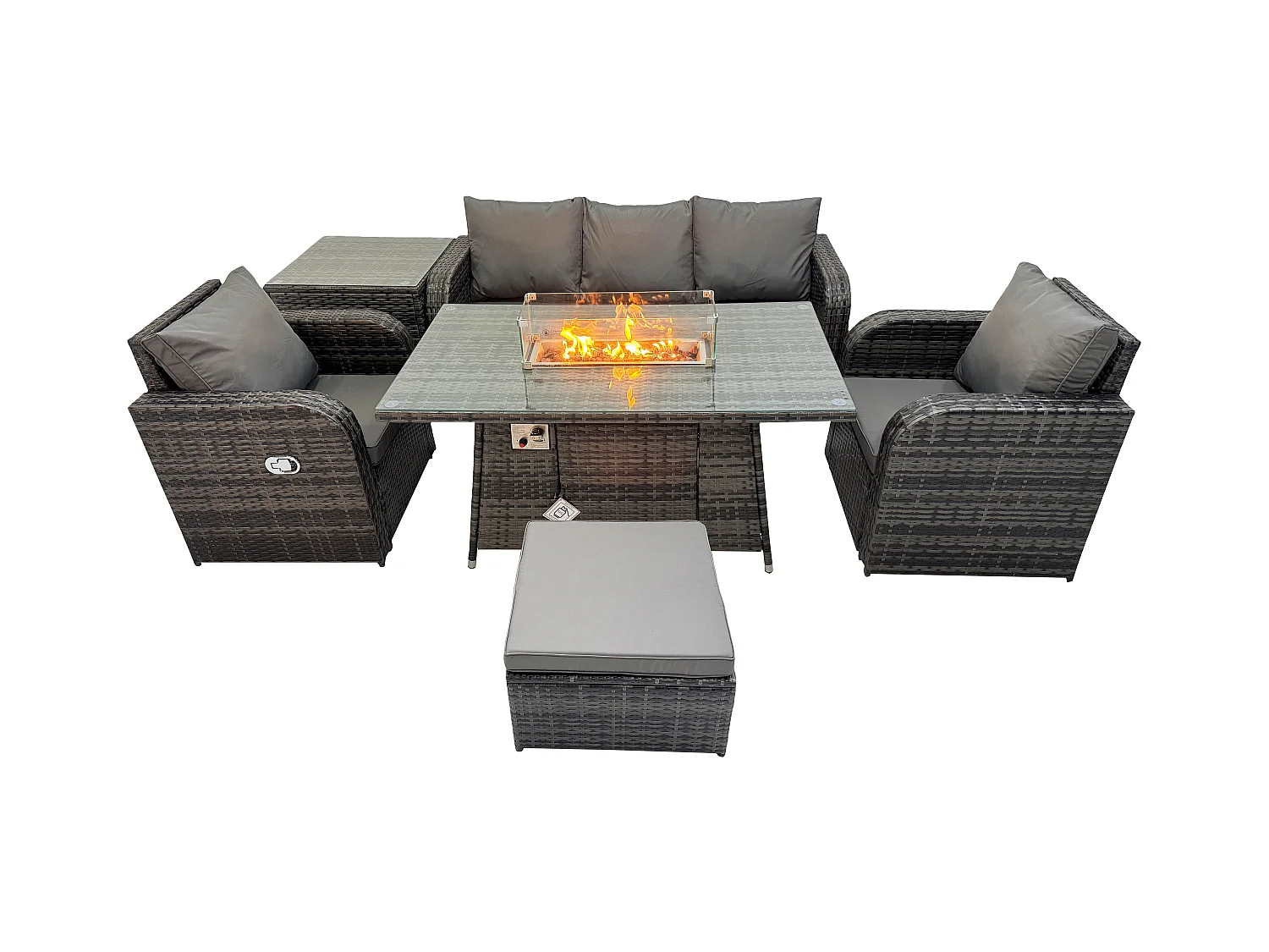 Patio Polyrattan Gartenmöbelset Gasfeuerstelle Esstischmit Sofa Beistelltisch Fußhocker