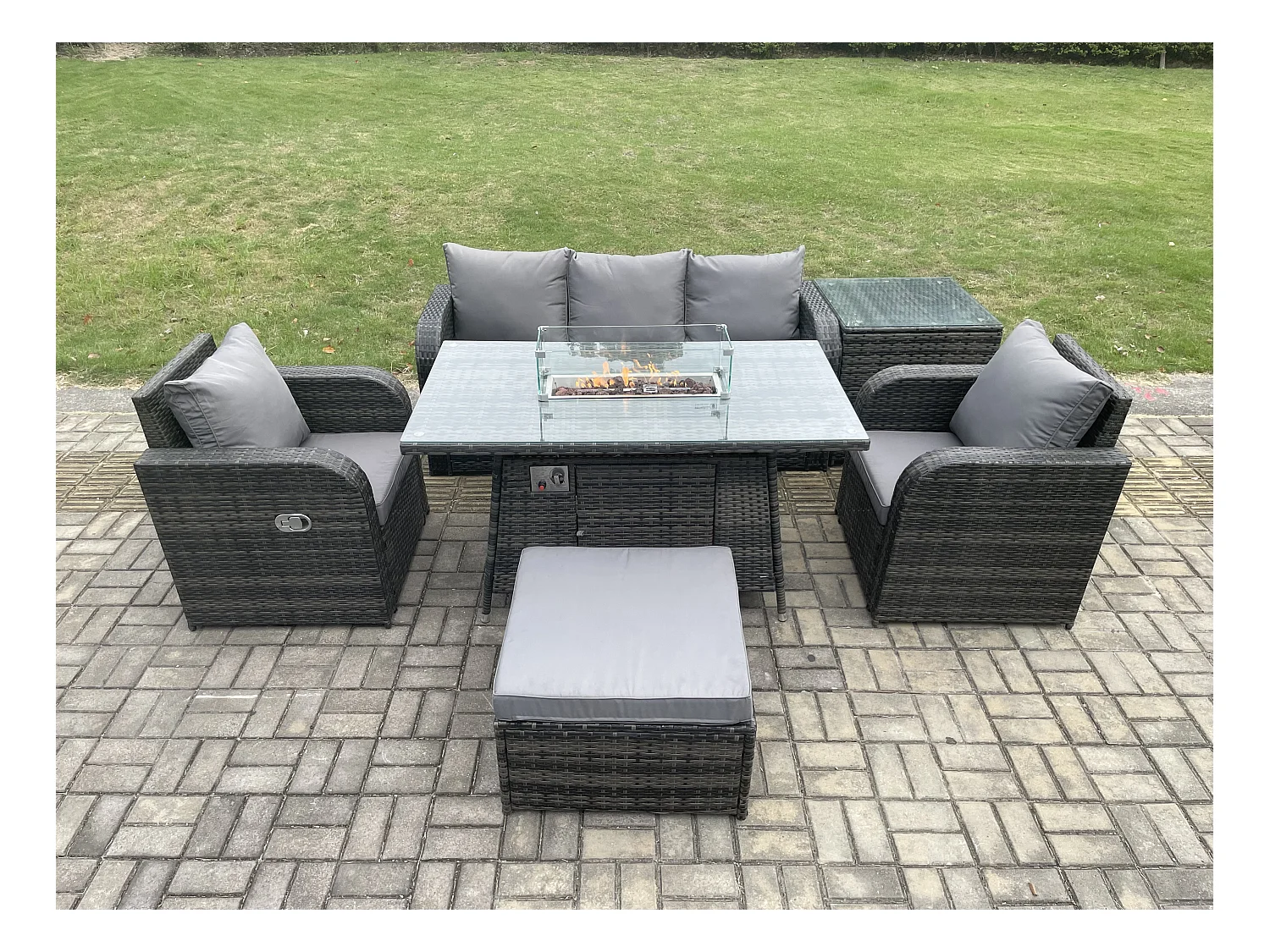 Patio Polyrattan Gartenmöbelset Gasfeuerstelle Esstischmit Sofa Beistelltisch Fußhocker
