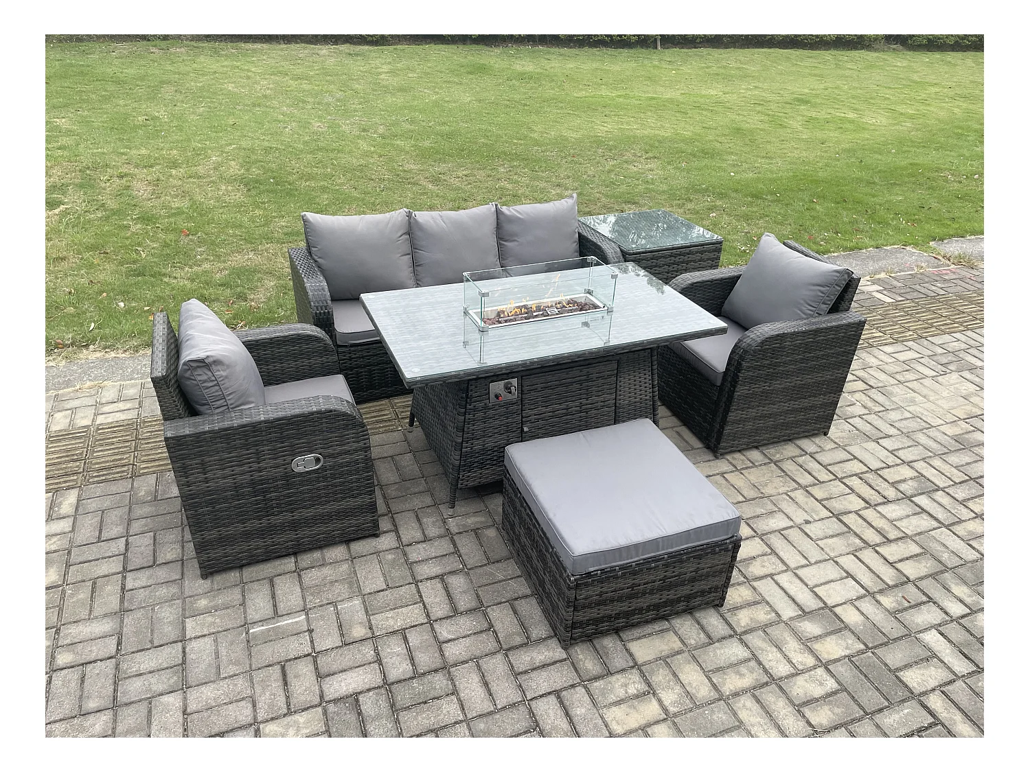 Patio Polyrattan Gartenmöbelset Gasfeuerstelle Esstischmit Sofa Beistelltisch Fußhocker