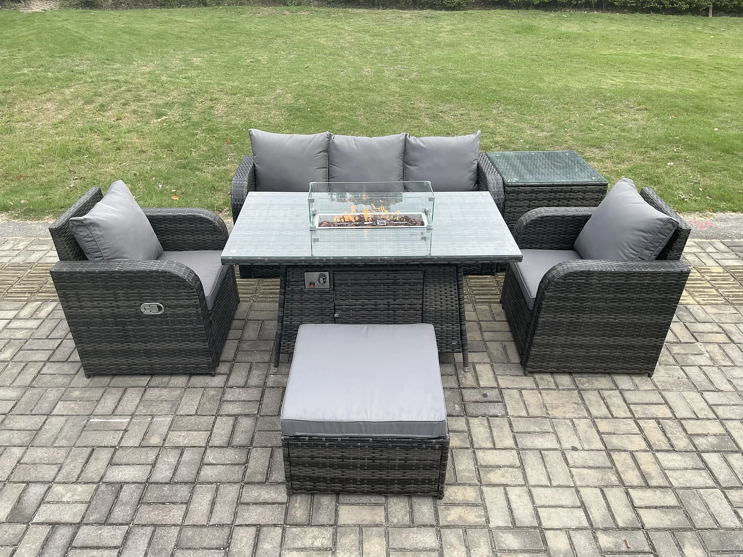 Patio Polyrattan Gartenmöbelset Gasfeuerstelle Esstischmit Sofa Beistelltisch Fußhocker