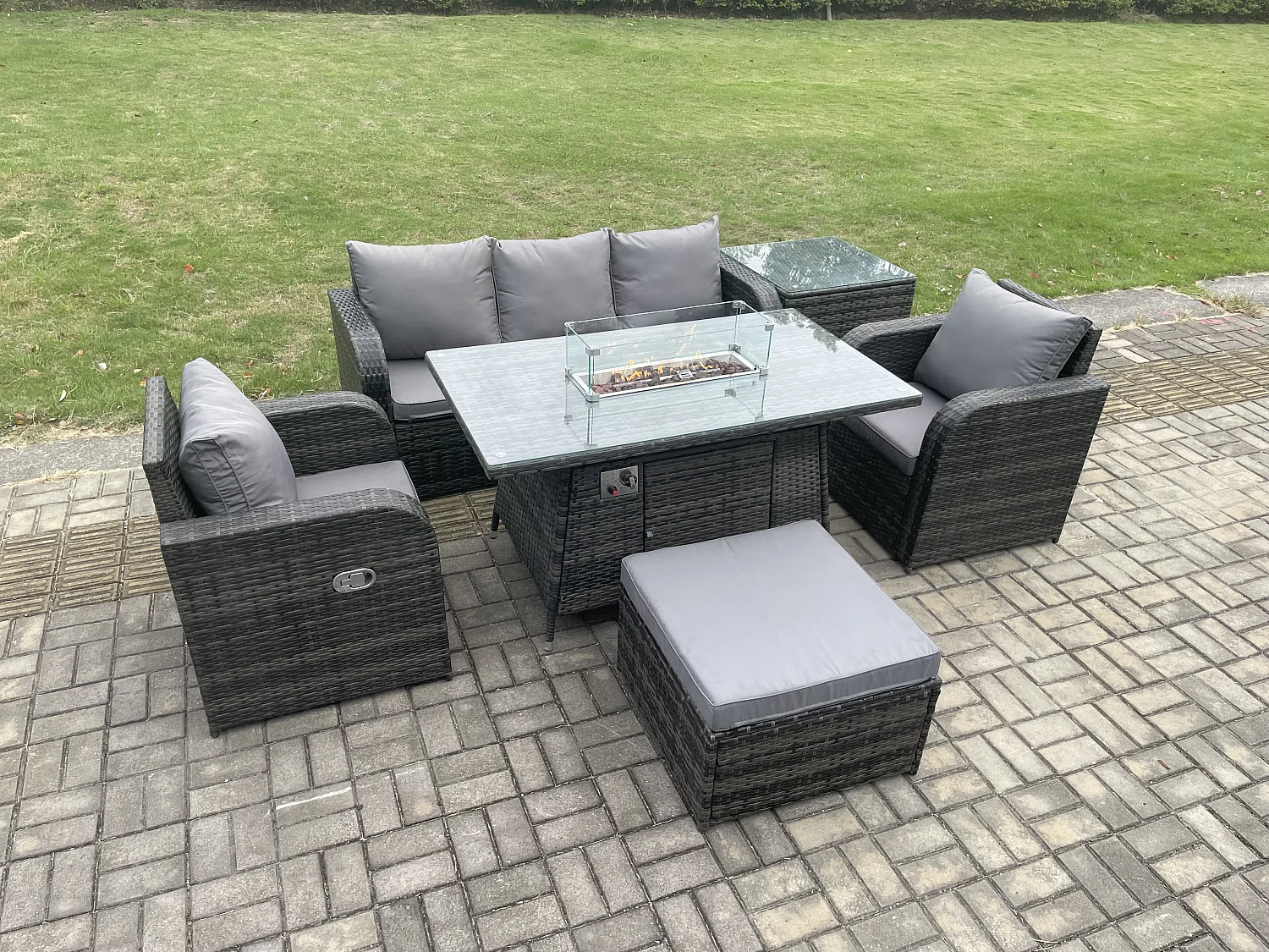 Patio Polyrattan Gartenmöbelset Gasfeuerstelle Esstischmit Sofa Beistelltisch Fußhocker