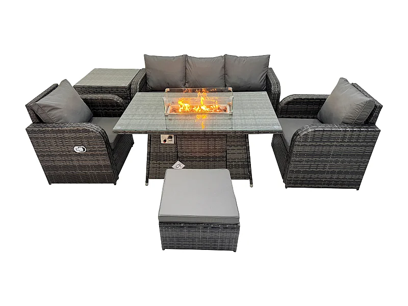 Patio Polyrattan Gartenmöbelset Gasfeuerstelle Esstischmit Sofa Beistelltisch Fußhocker