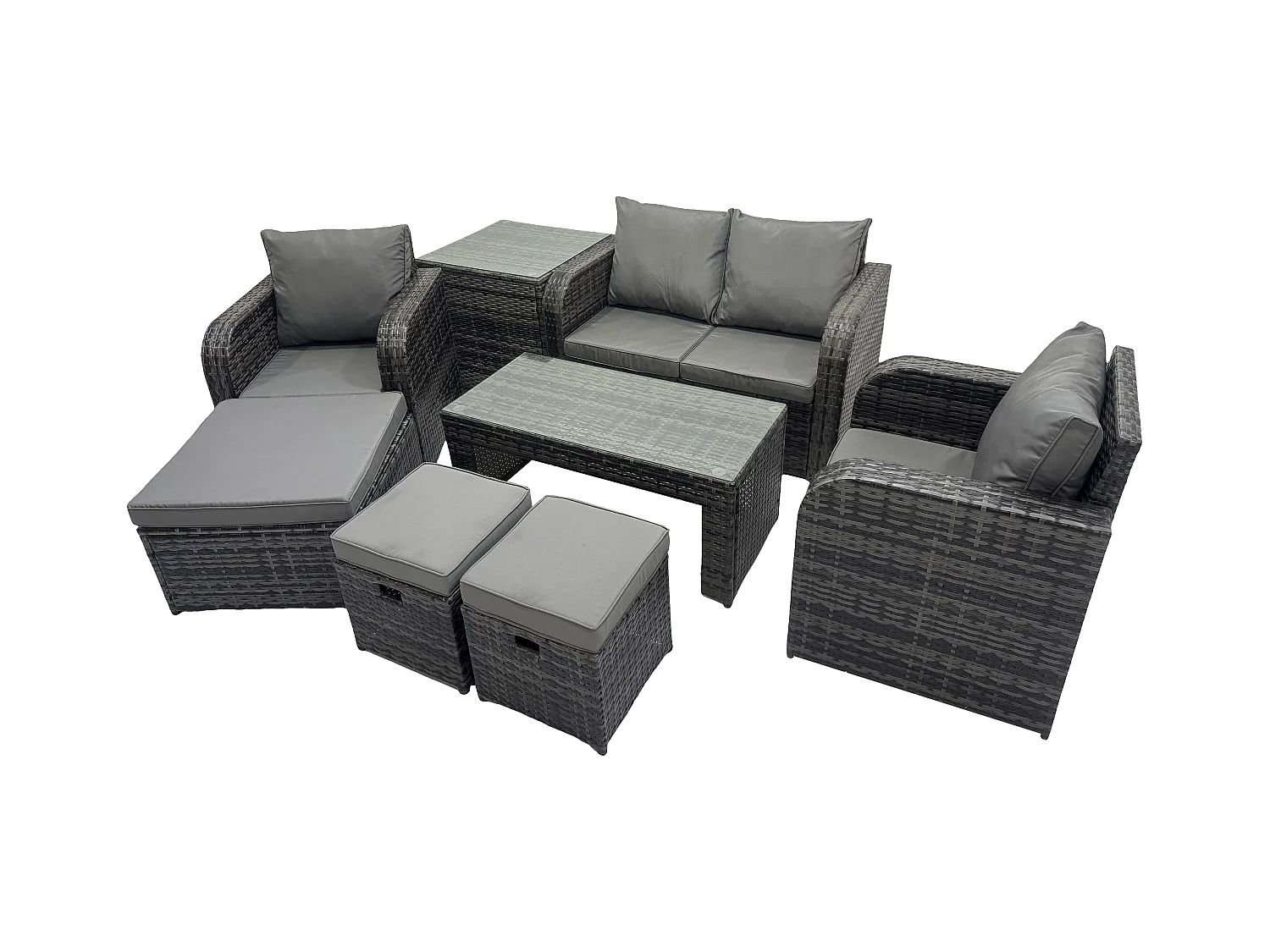 7 places Ensemble de meubles de jardin en polyrotin avec Table basse rectangulaire Canapé d'amour Table d'appoint 3 Tabourets Gris foncé mixte