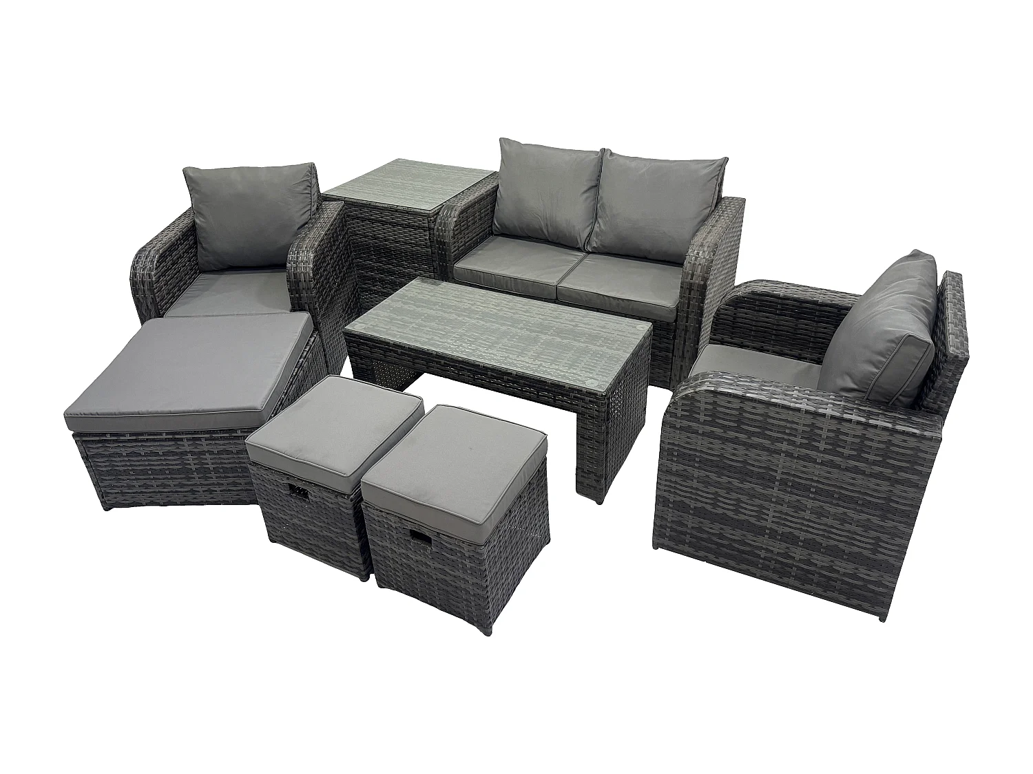 7-Sitzer Rattan Lounge Sofa Set Gartenmöbel-Set mit Rechteckiger Couchtisch Love Sofa Beistelltisch 3 Hockern Dunkelgrau Gemischt
