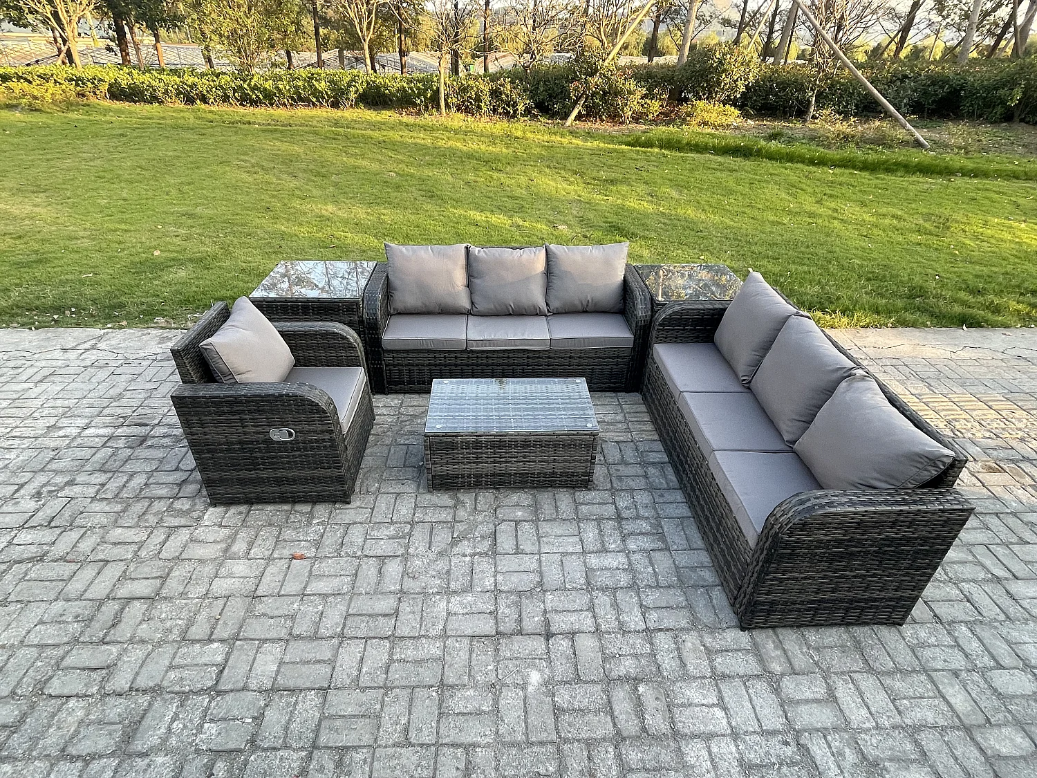 7 places Ensemble de canapés en rotin avec Canapé 3 places Chaise inclinable Canapé 3 places 2 Tables d'appoint Gris foncé mixte