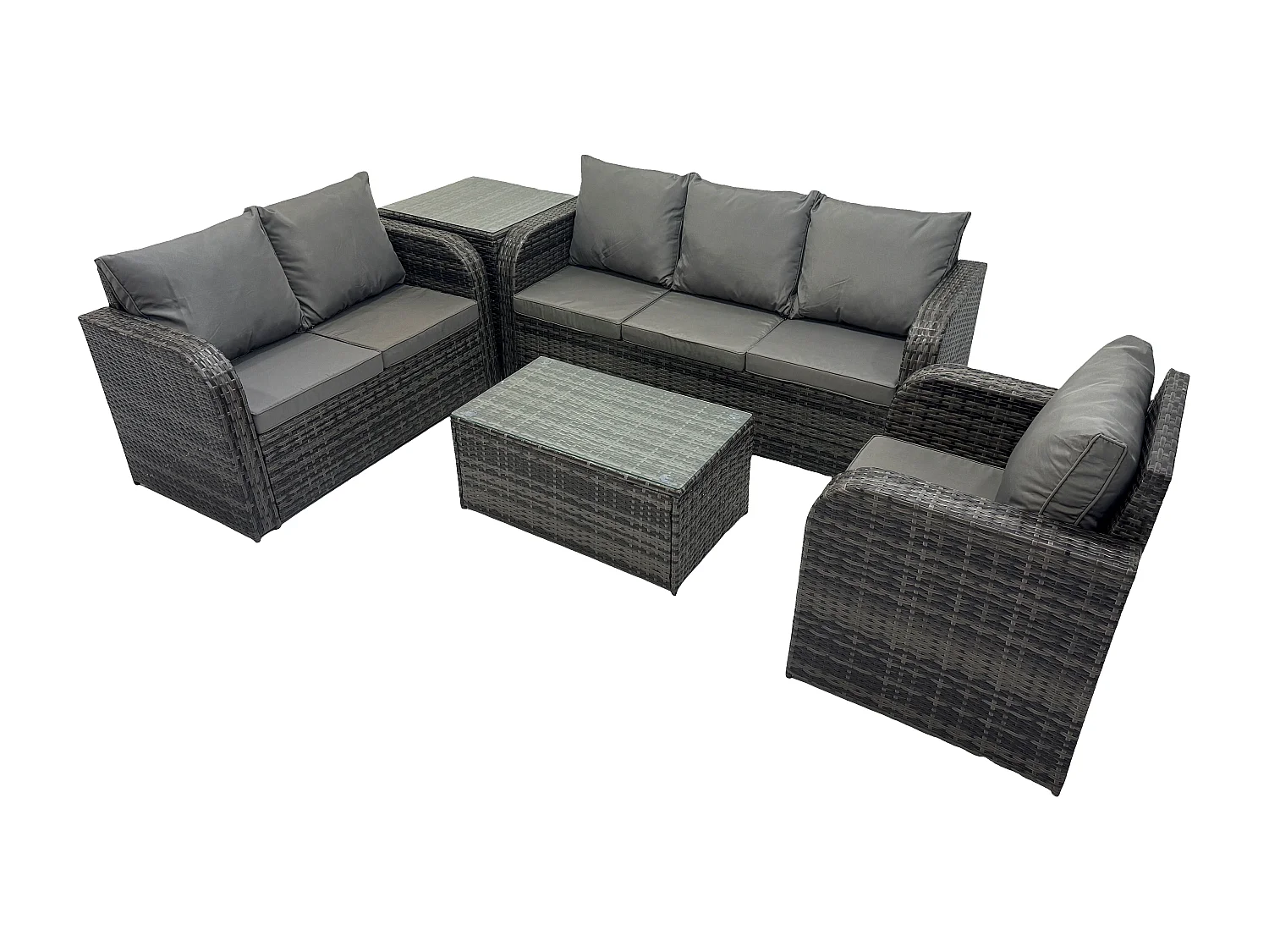 Rattan Gartenmöbel Set im Balkon 6-Sitzer Garten Sofa Set mit Rechteckiger Couchtisch Liegestühle 3-Sitzer Sofa Beistelltisch