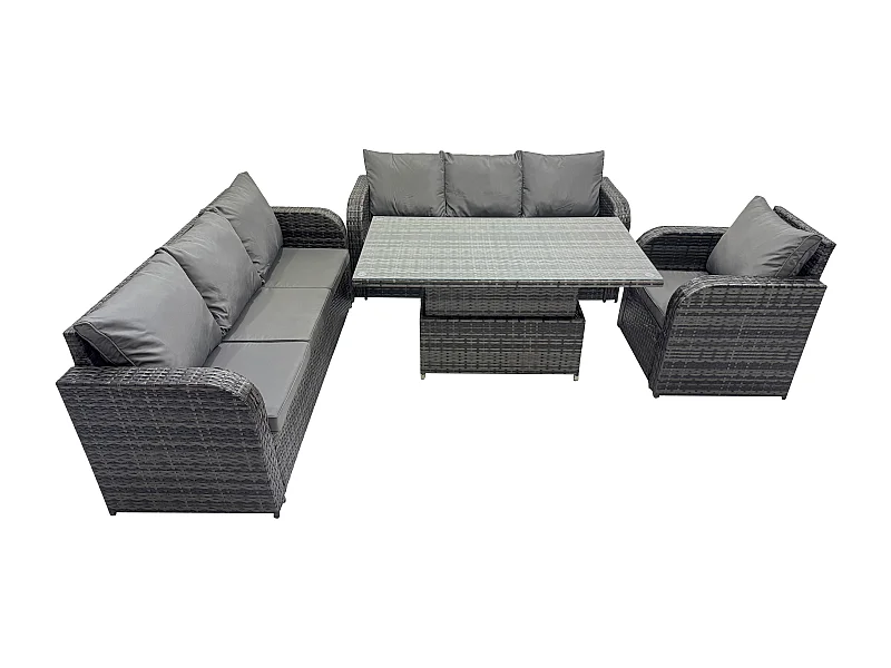 7-Sitzer Outdoor Polyrattan Gartenmöbel Sets höhenverstellbarer Tisch Sofa Set mit Liegestühle Dunkelgrau Gemischt