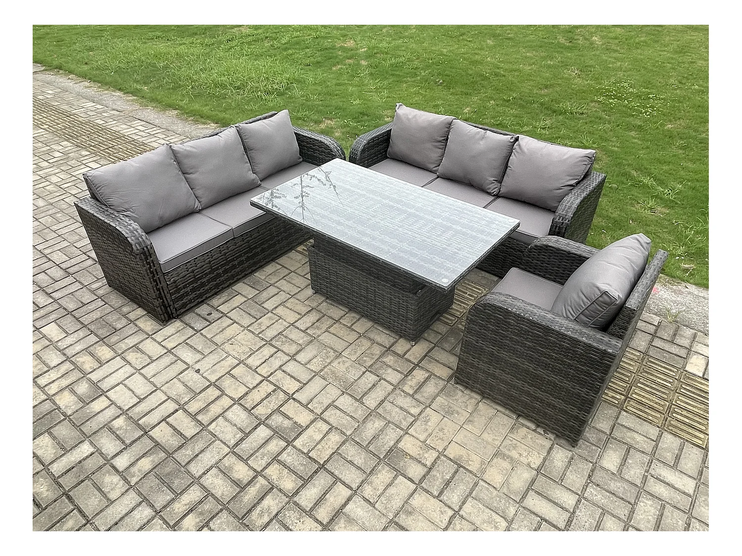 7-Sitzer Outdoor Polyrattan Gartenmöbel Sets höhenverstellbarer Tisch Sofa Set mit Liegestühle Dunkelgrau Gemischt