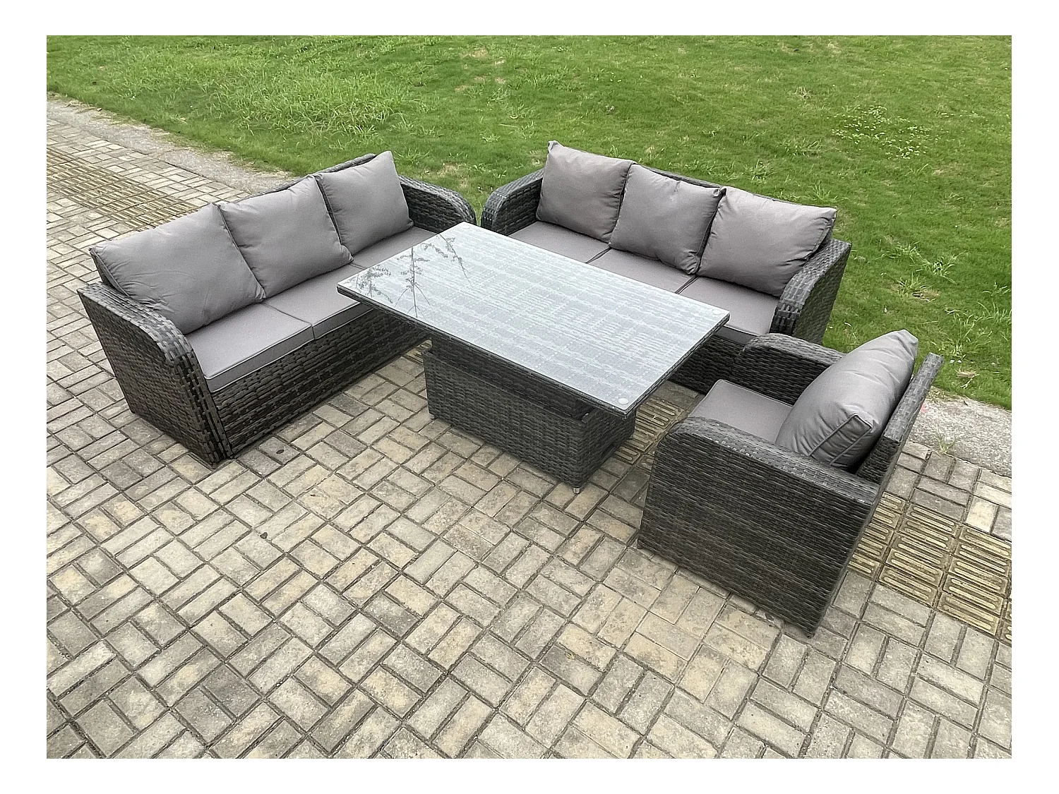 7-Sitzer Outdoor Polyrattan Gartenmöbel Sets höhenverstellbarer Tisch Sofa Set mit Liegestühle Dunkelgrau Gemischt