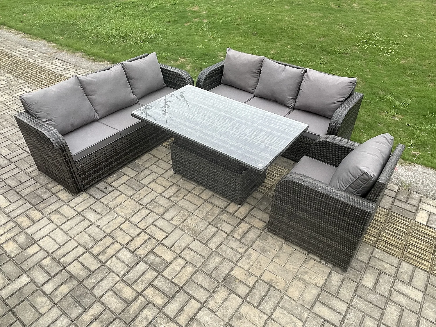 7 places Salon de jardin Table à manger réglable en hauteur Canapé avec Chaise inclinable Gris foncé mixte