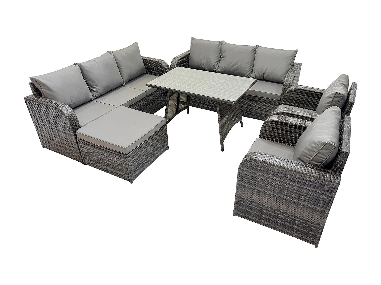 9-Sitzer Rattan Gartenmöbel Sofa Set Tisch & Stühle Set mit 3-Sitzer Sofa Rechteckiger Esstisch 2 Großer Hockern Dunkelgrau Gemischt