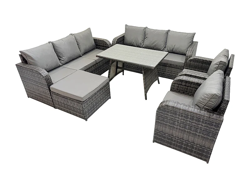 9-Sitzer Rattan Gartenmöbel Sofa Set Tisch & Stühle Set mit 3-Sitzer Sofa Rechteckiger Esstisch 2 Großer Hockern Dunkelgrau Gemischt