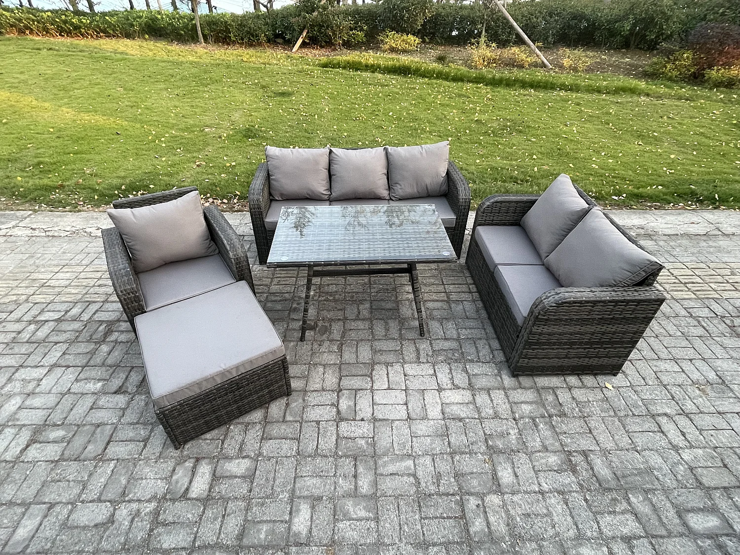 Polyrattan Gartenmöbelset 7-Sitzer Garten Lounge Set mit Esstisch 2 Großer Hockern Dunkelgrau Gemischt