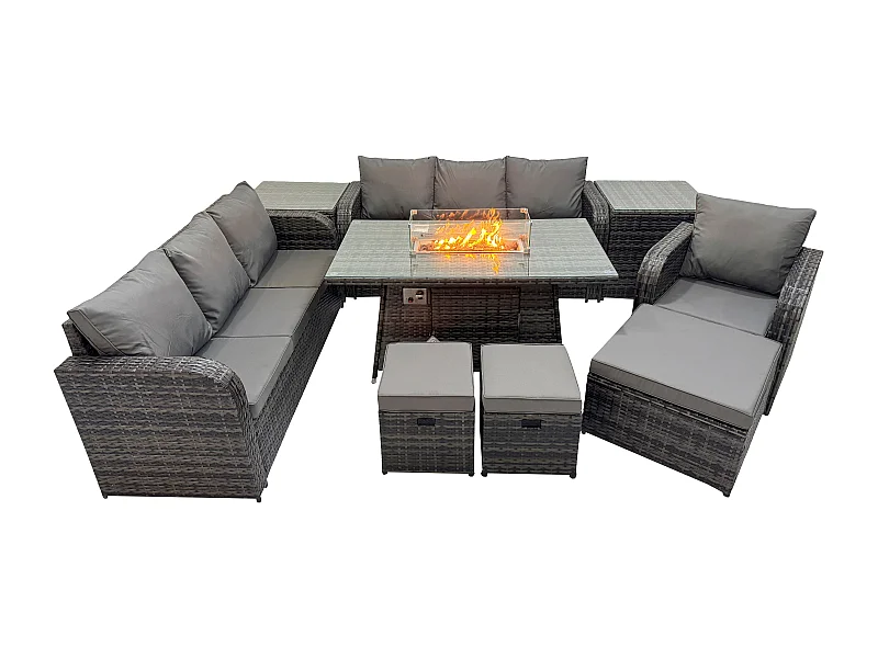 Polyrattan Gartenmöbel Set Gas Feuerstelle Esstisch Liegestühle 3-Sitzer Sofa Set mit 2 Beistelltischen 3 Hockern 10-Sitzer
