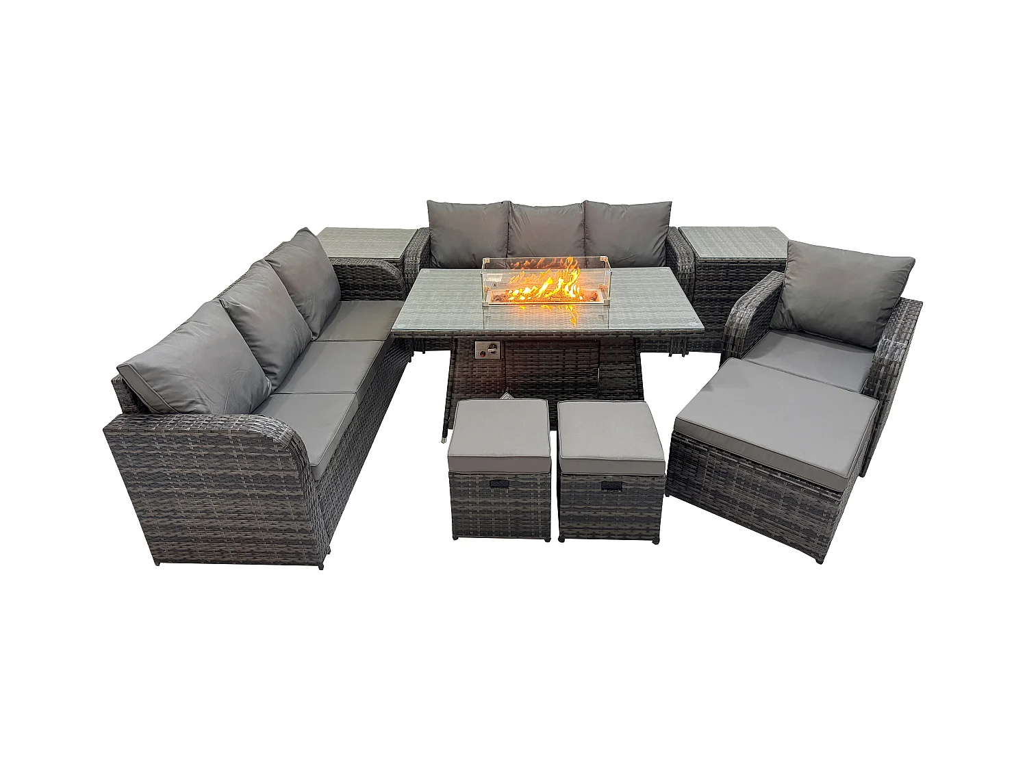 Polyrattan Gartenmöbel Set Gas Feuerstelle Esstisch Liegestühle 3-Sitzer Sofa Set mit 2 Beistelltischen 3 Hockern 10-Sitzer
