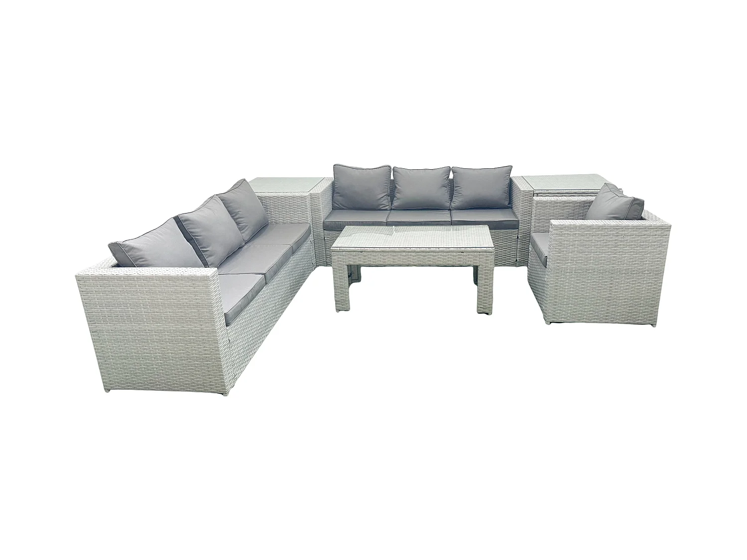 Polyrattan Gartenmöbel-Set im Freien mit Rechteckiger Couchtisch Sessel 2 Beistelltischen Hellgrau gemischt