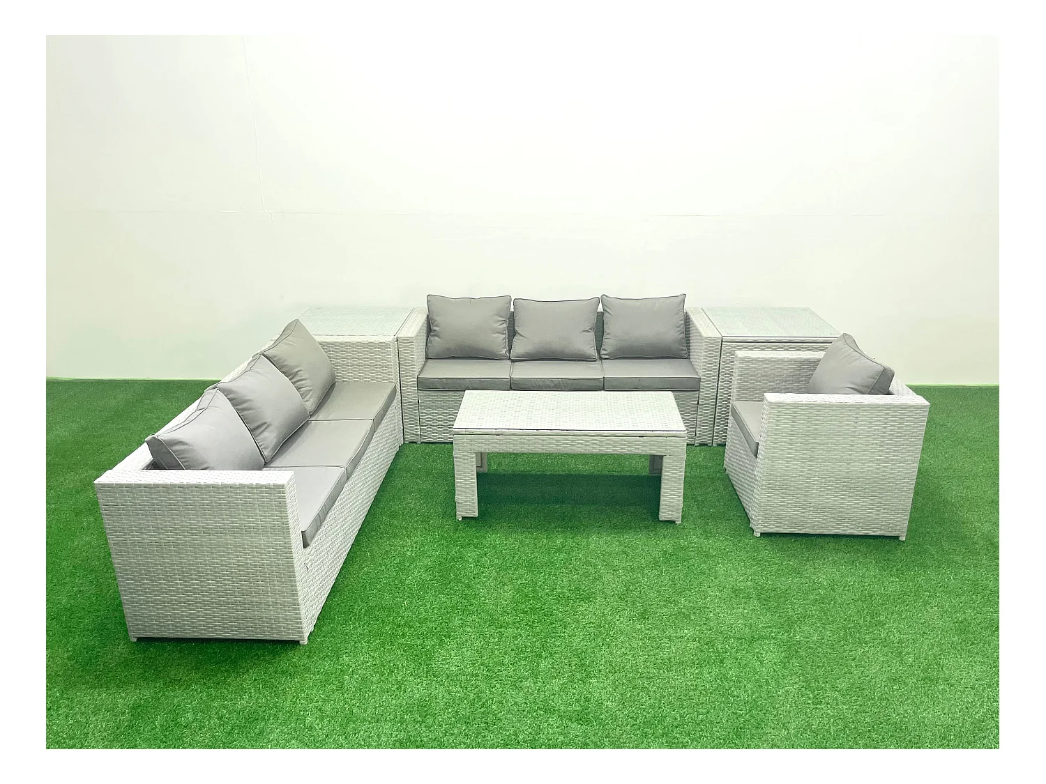 Polyrattan Gartenmöbel-Set im Freien mit Rechteckiger Couchtisch Sessel 2 Beistelltischen Hellgrau gemischt