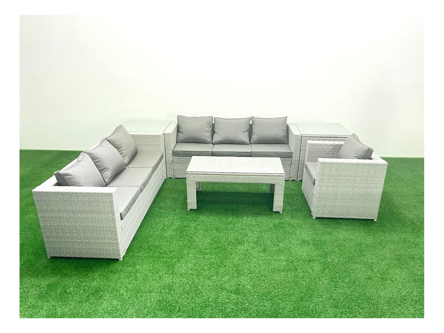 Polyrattan Gartenmöbel-Set im Freien mit Rechteckiger Couchtisch Sessel 2 Beistelltischen Hellgrau gemischt