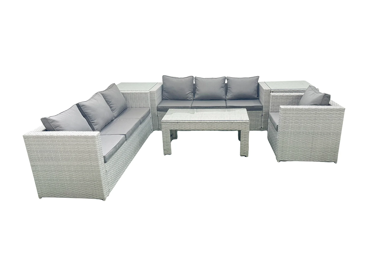 Meubles d'extérieur en rotin avec Table basse oblongue Fauteuil 2 Tables d'appoint Gris clair mixte