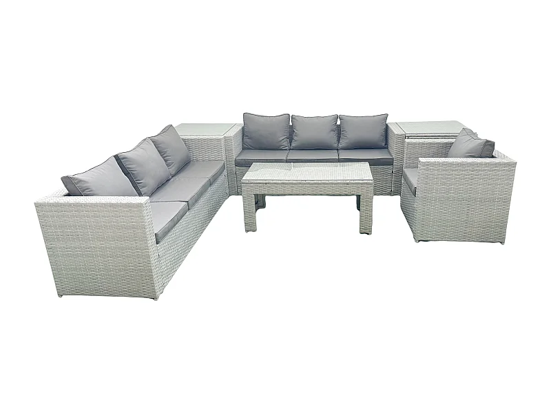 Meubles d'extérieur en rotin avec Table basse oblongue Fauteuil 2 Tables d'appoint Gris clair mixte