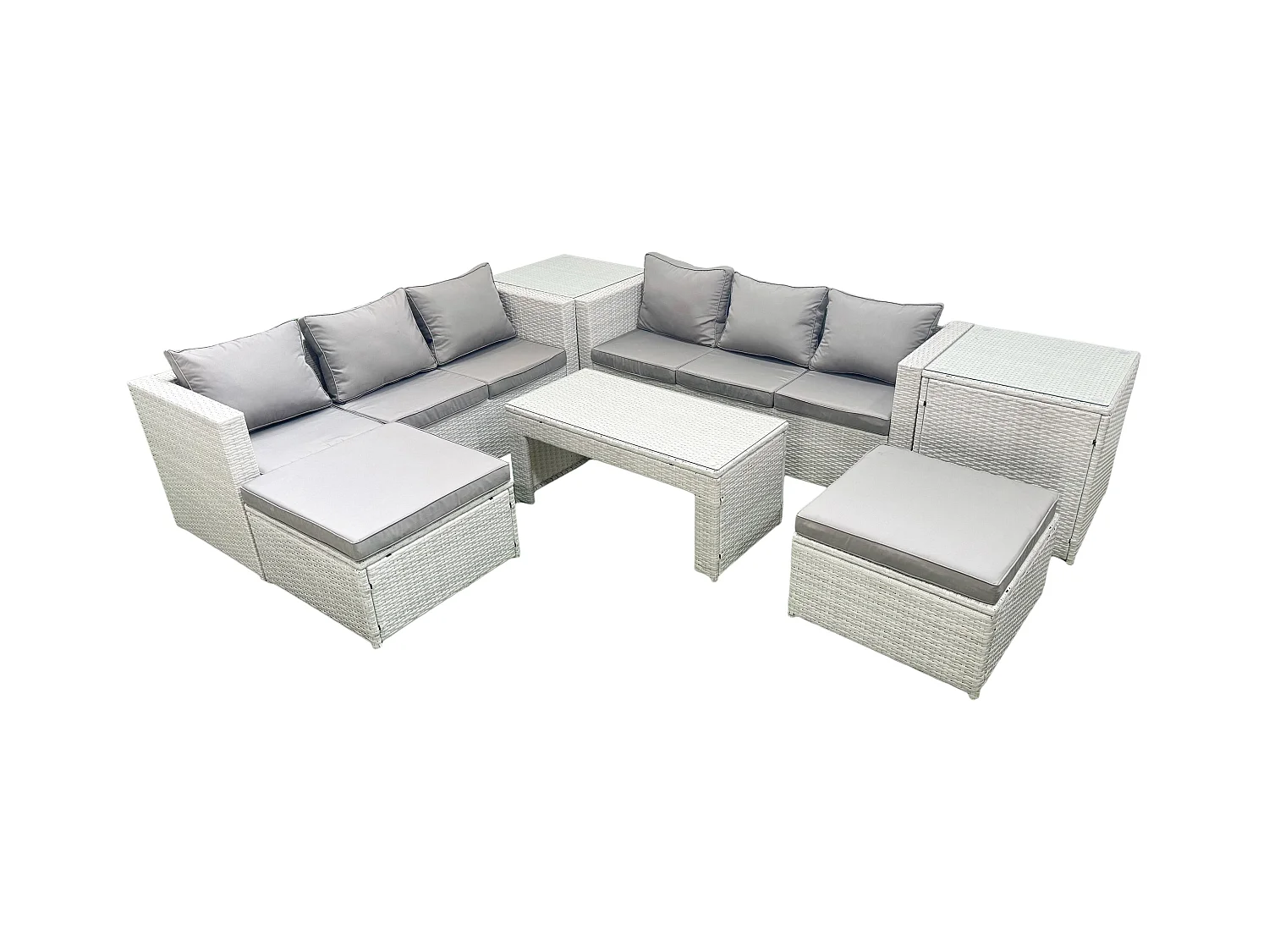 8-Sitzer Gartenmöbel-Set im Freien Polyrattan Garten Sofa Rechteckiger Couchtisch Set mit 2 hohen Hockern 2 Beistelltischen Hellgrau gemischt