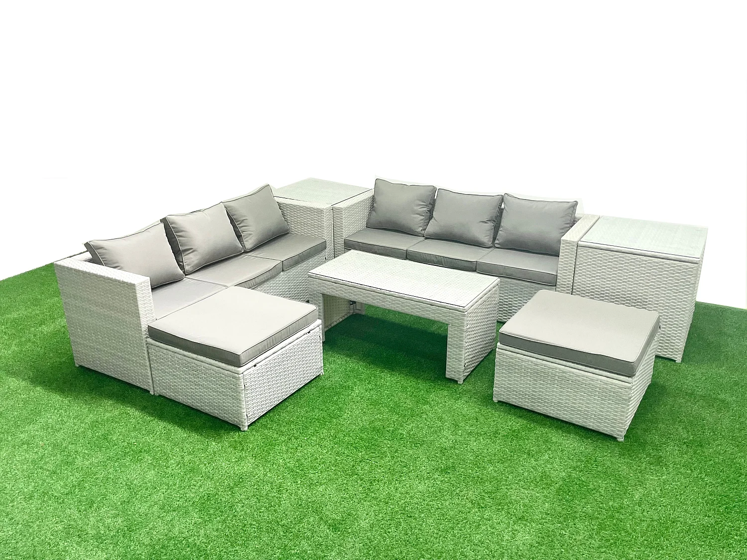 8 places Salon de Jardin Extérieur Canapé de jardin en rotin Table basse oblongue avec 2 Grand tabourets 2 Tables d'appoint Gris clair mixte