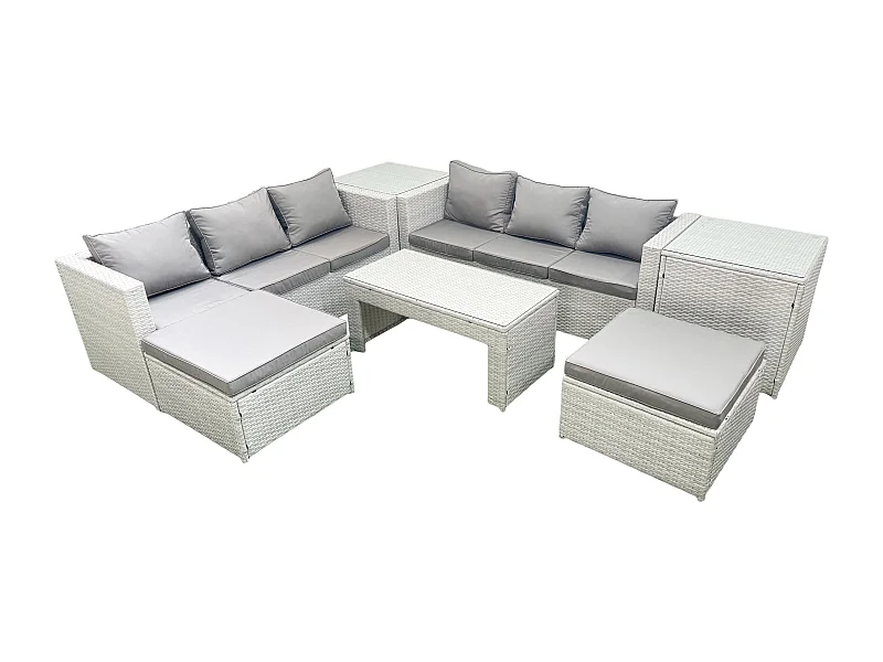 8 places Salon de Jardin Extérieur Canapé de jardin en rotin Table basse oblongue avec 2 Grand tabourets 2 Tables d'appoint Gris clair mixte