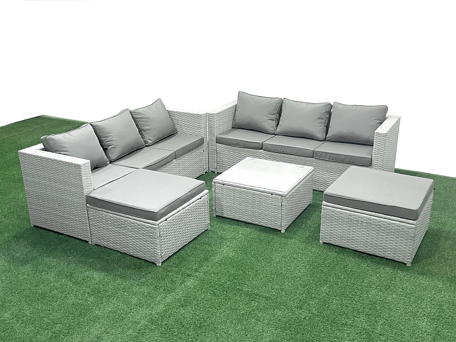 Ensemble de meubles de jardin en rotin 8 places Ensemble de canapés de jardin avec 2 Grand tabourets Gris clair mixte