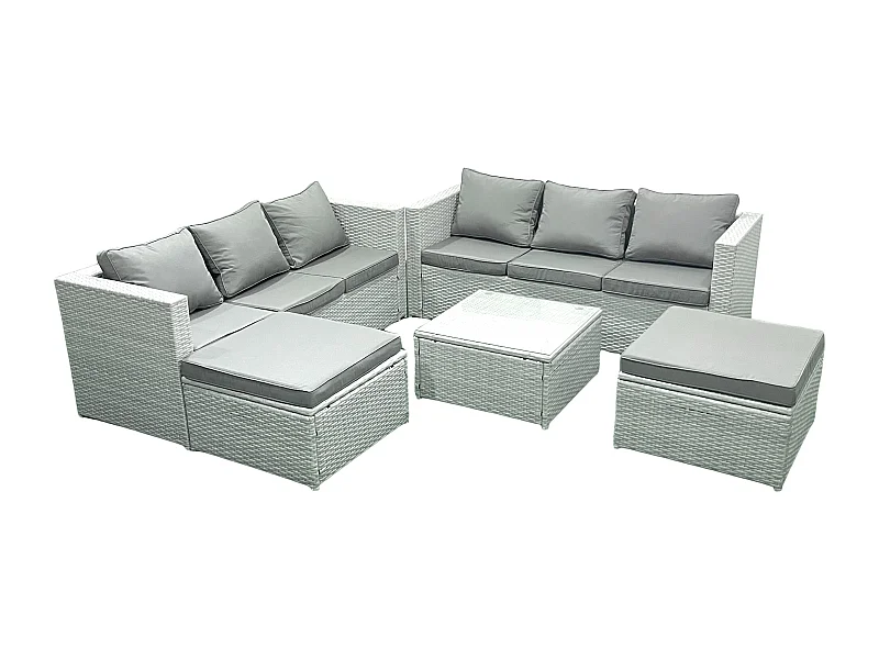 Ensemble de meubles de jardin en rotin 8 places Ensemble de canapés de jardin avec 2 Grand tabourets Gris clair mixte