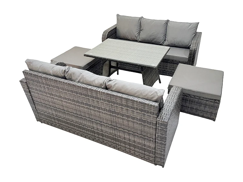 Garden Furniture Canapé Set Table à manger rectangulaire 2 Grand tabourets Intérieur Extérieur 8 places Rattan Set Gris foncé mixte