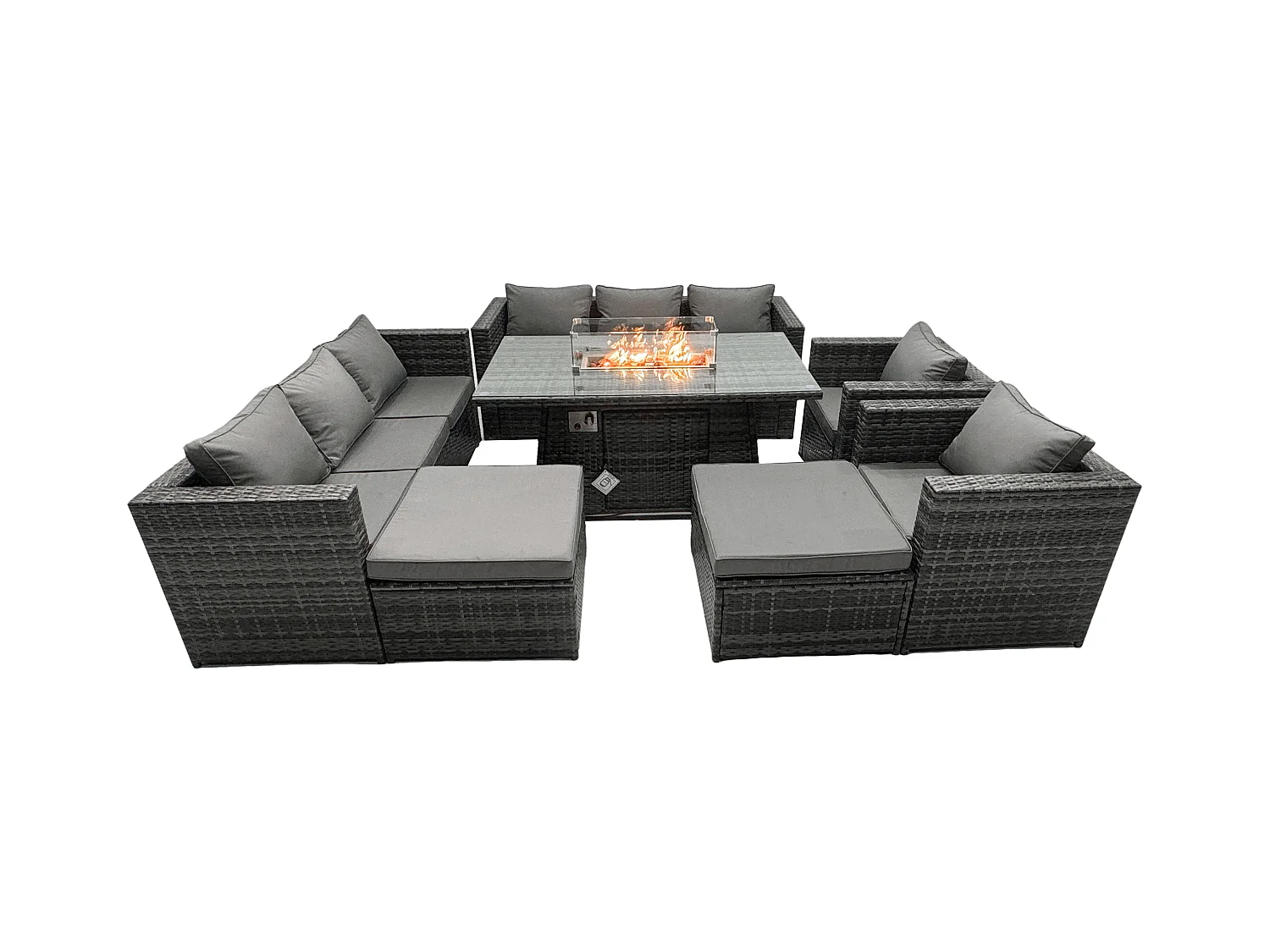Rattan Gartenmöbel Set 10-Sitzer Garten Sofa Gas Feuertisch Set mit 2 hohen Hockern