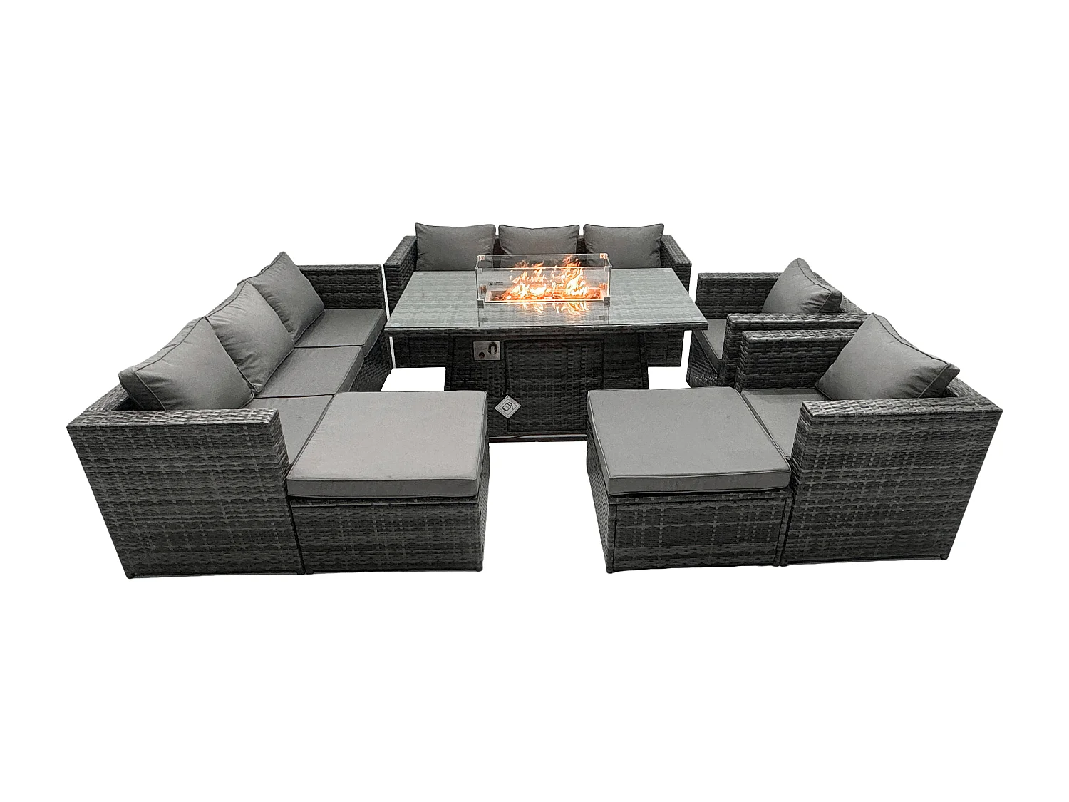Ensemble de meubles de jardin en rotin ave Table de foyer à gaz 10 places Ensemble de canapés avec 2 Grand tabourets