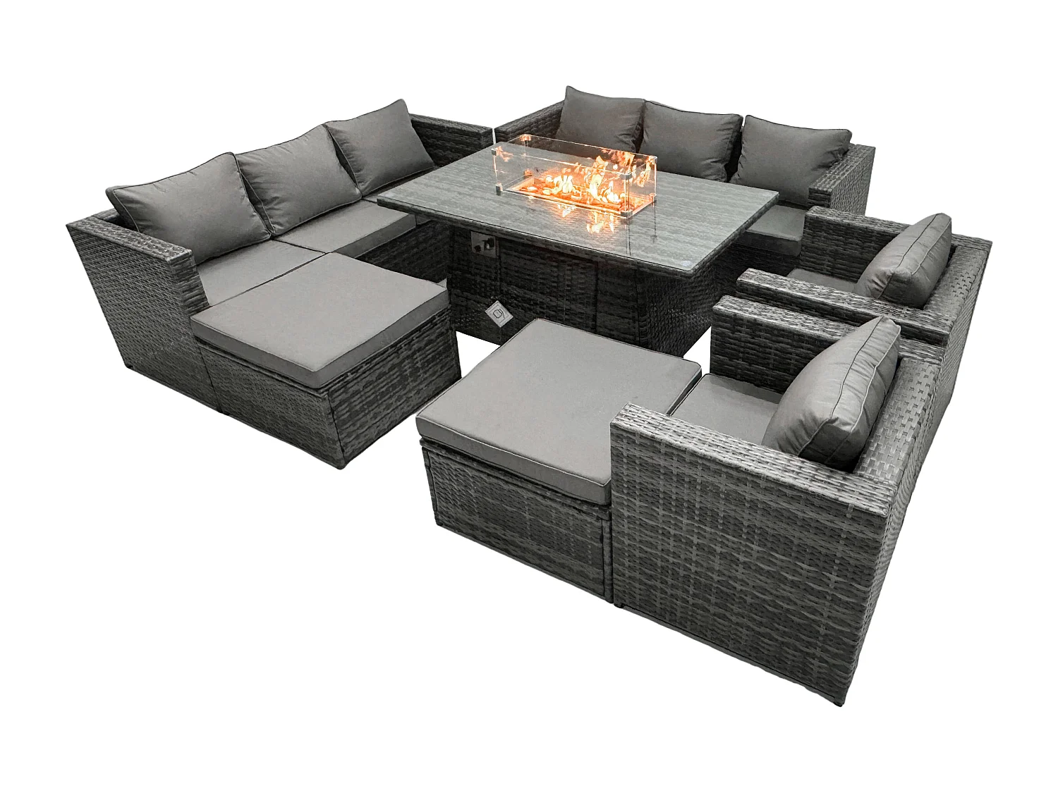 Ensemble de meubles de jardin en rotin ave Table de foyer à gaz 10 places Ensemble de canapés avec 2 Grand tabourets